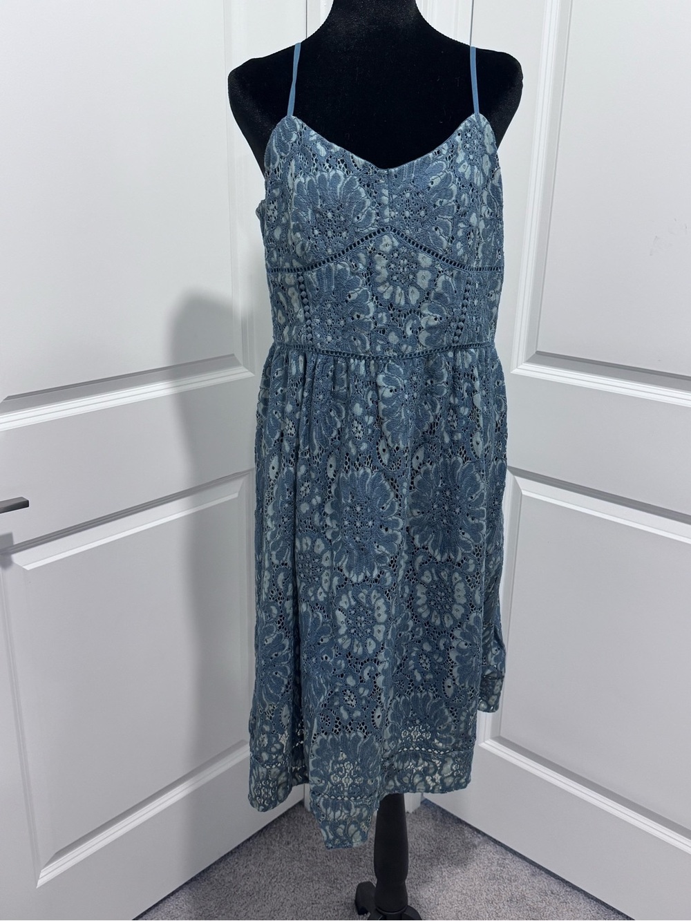 LOFT Dusty Blue Lace Midi Dress with Spaghetti Straps